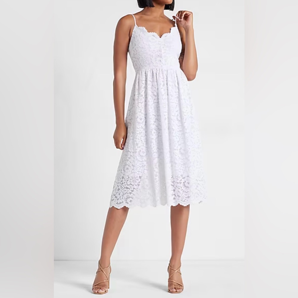 NWT Express White Lace V-Neck Midi Dress, Adjustable Straps, Size Small, Bride